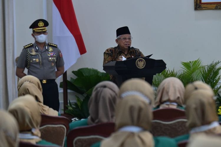Wakil Presiden RI Ma'ruf Amin saat meresmikan pembukaan Musyawarah Nasional Perhimpunan Saudagar Muslimah Indonesia di Istana Wapres Jakarta, Selasa (11/10/2022). (HO-BPMI Setwapres) Wakil Presiden RI Ma'ruf Amin saat meresmikan pembukaan Musyawarah Nasional Perhimpunan Saudagar Muslimah Indonesia di Istana Wapres Jakarta, Selasa (11/10/2022). (HO-BPMI Setwapres)